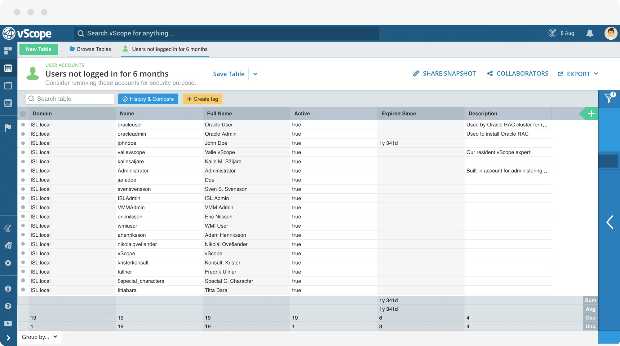 Table Explorer in vScope