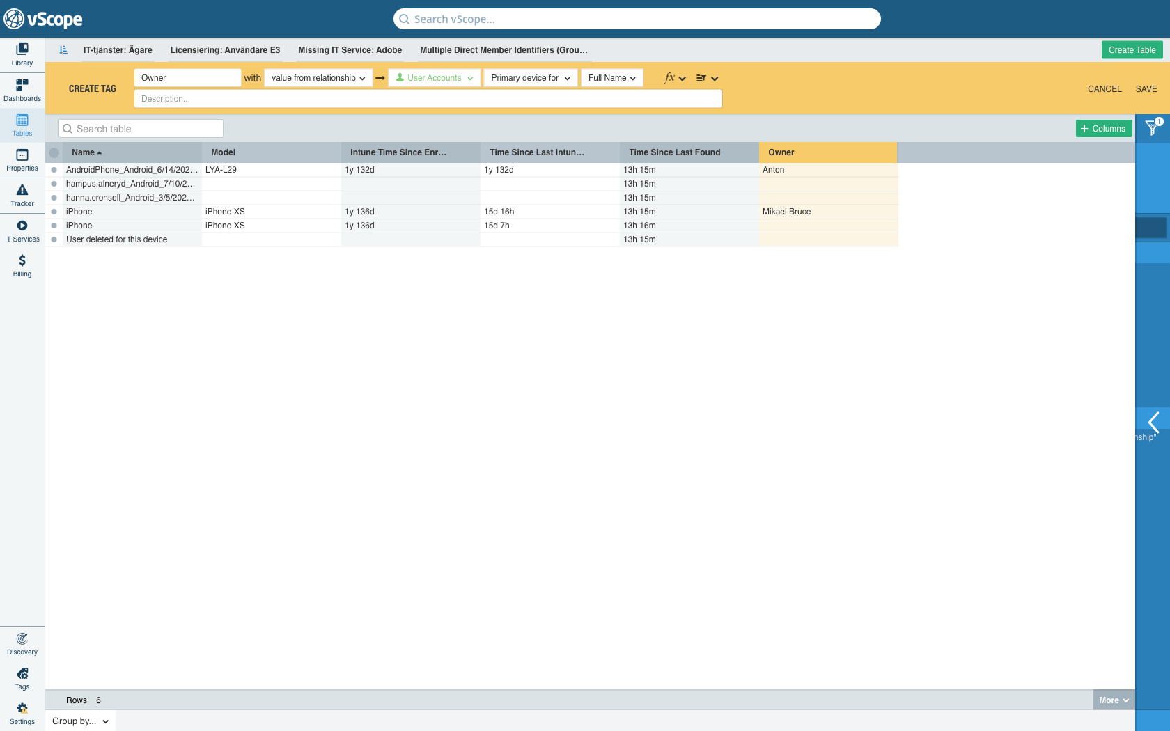 Customizable list in vScope