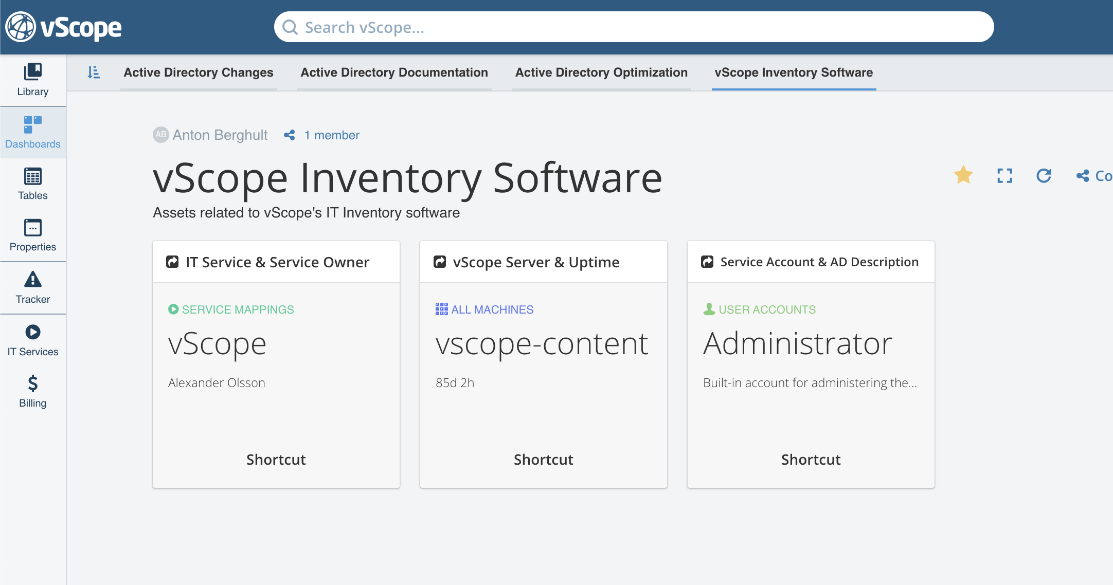 Shortcuts to various IT Service assets in vScope Dashboard