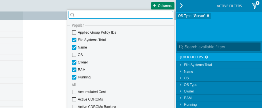 Popular columns in Tables in vScope