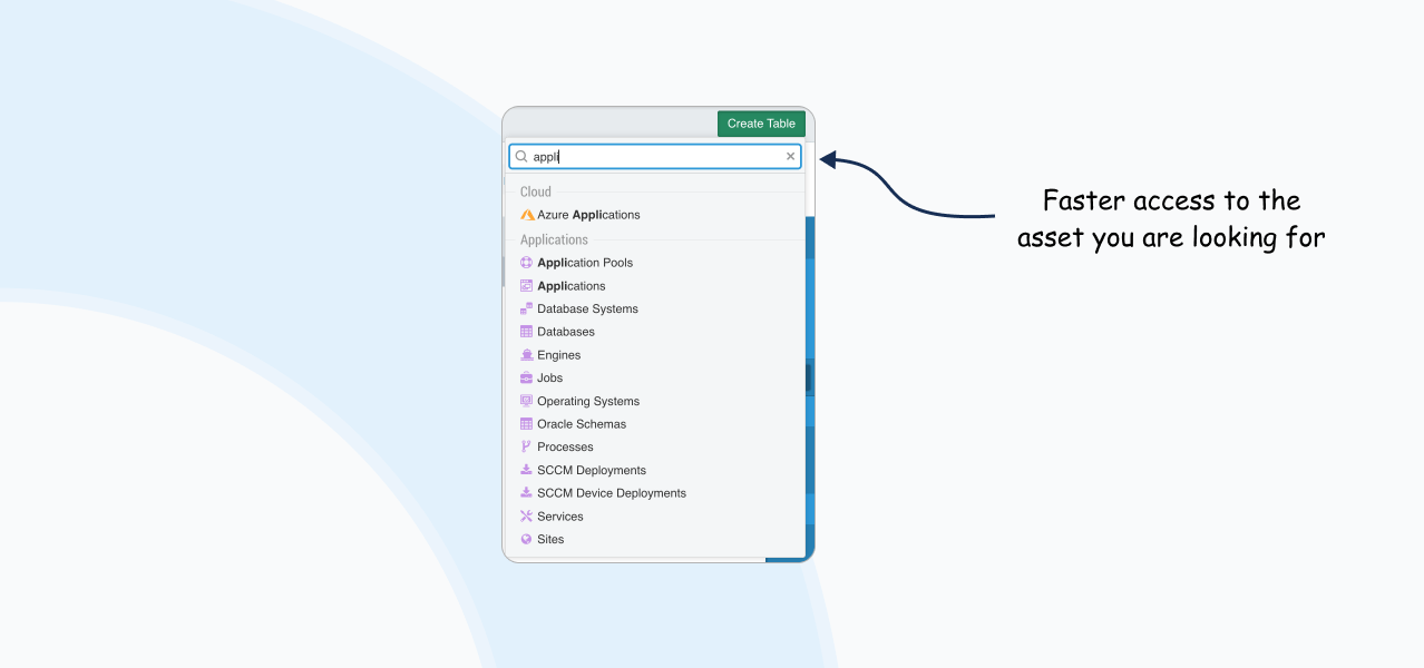 Search Asset Type dropdown in tables