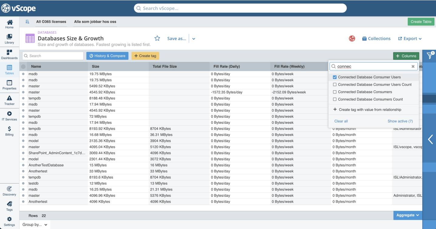select columns in vScope